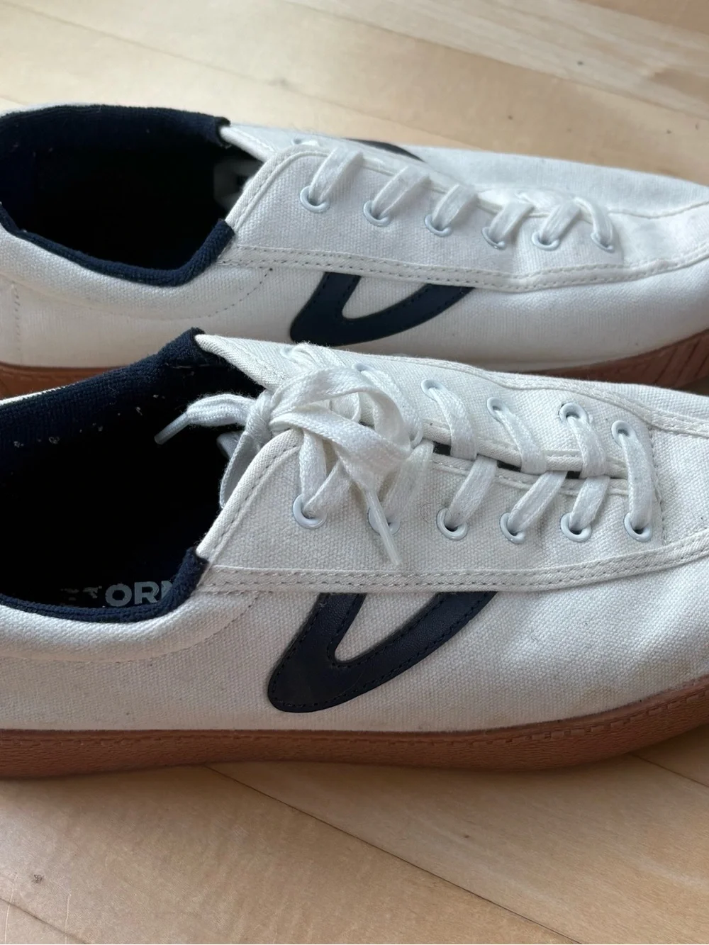 Tretorn White Canvas Sneakers with Navy Accent and Gum Sole